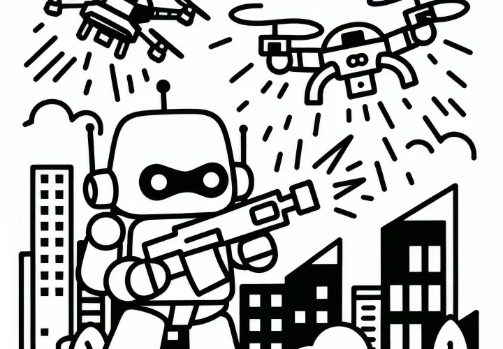 Robot kämpar mot drönare som angriper staden: Enkel färgläggningsbild (gratis)
