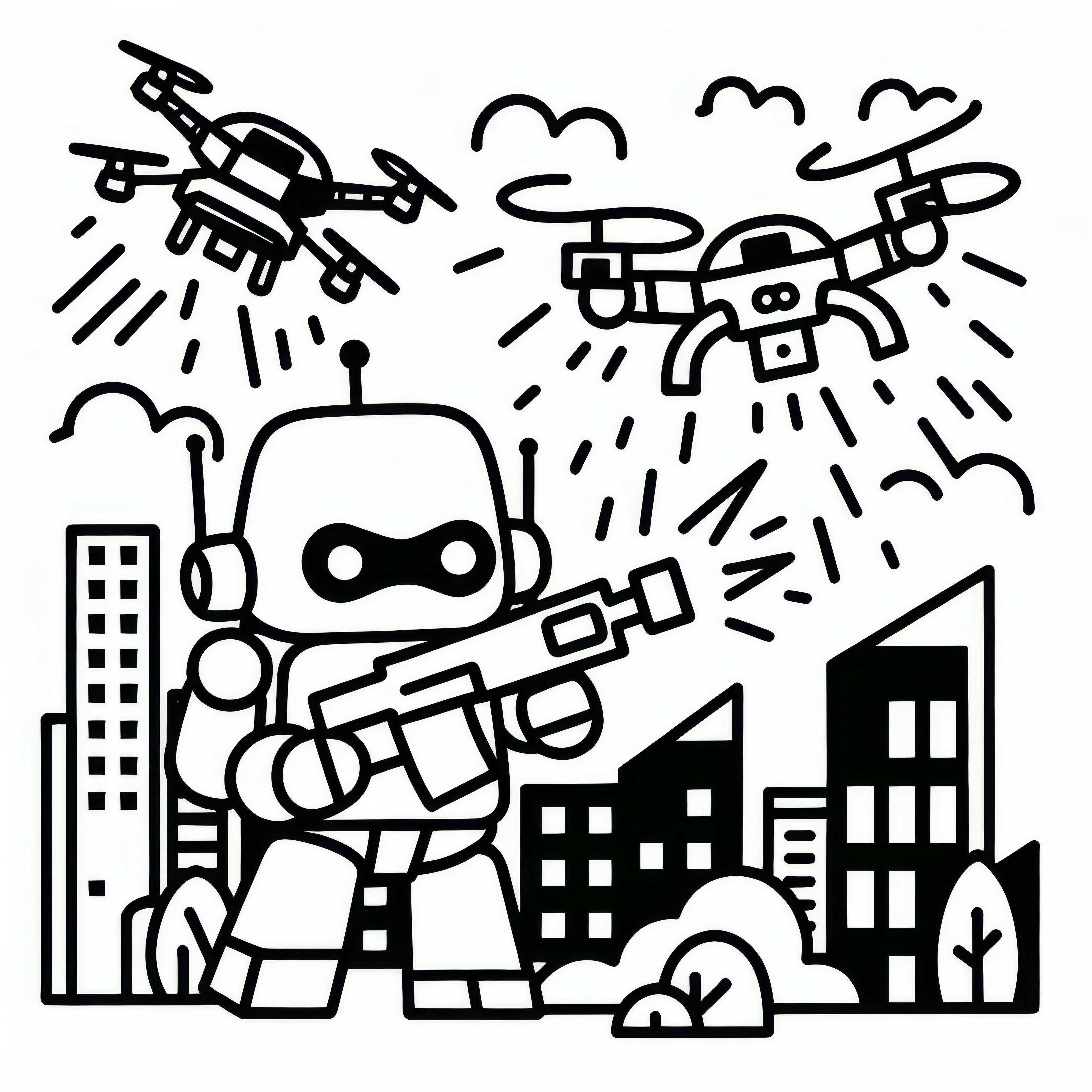 Il robot combatte contro i droni che attaccano la città: semplice disegno da colorare (gratis)