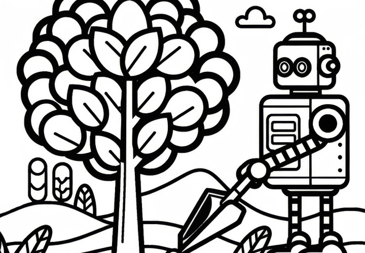Robot planta árboles: dibujo para colorear sencillo (Gratis) Robot planta árboles: página para colorear sencilla (gratis)