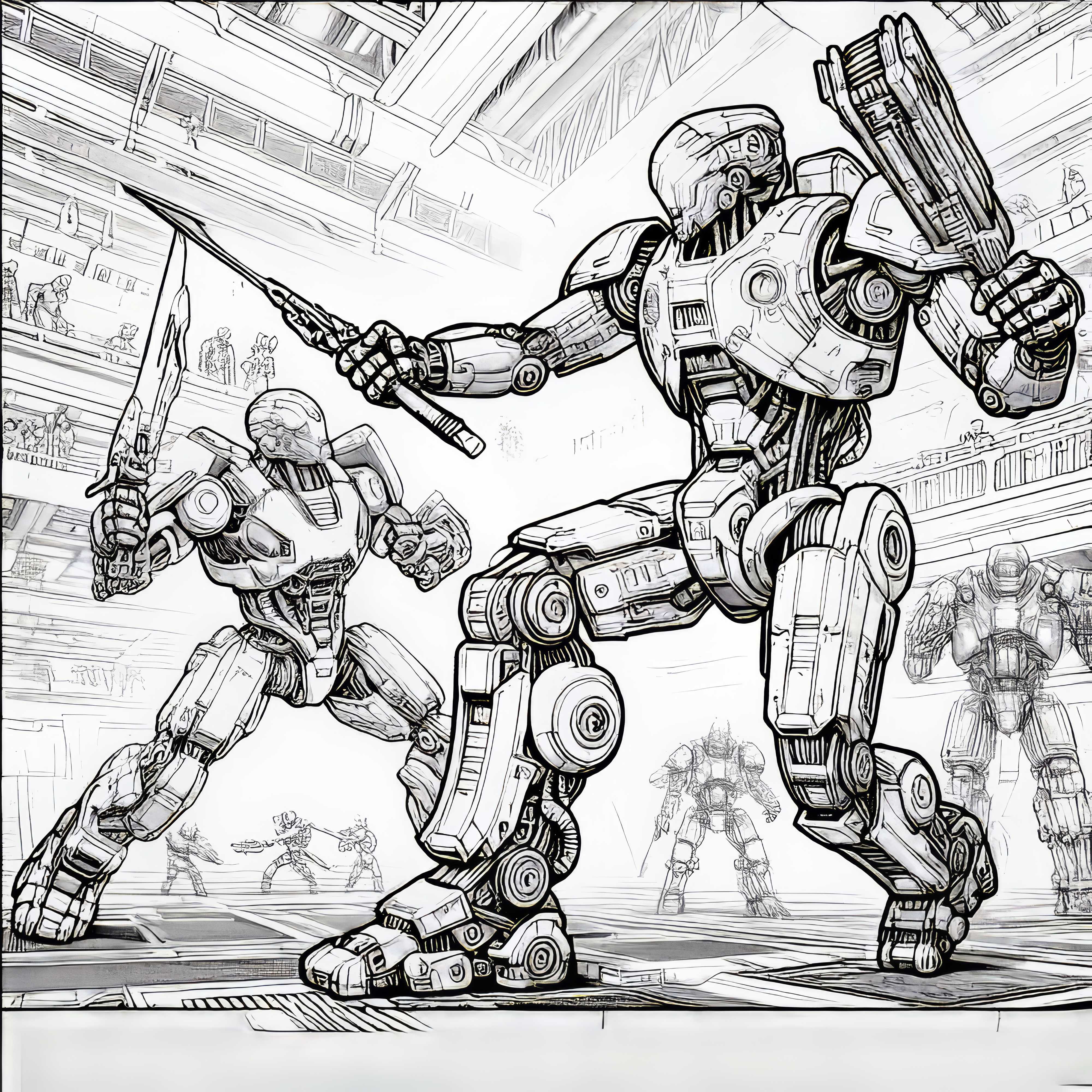 Robot combatte contro un altro robot in un’arena high-tech: disegno da colorare dettagliato (gratis)