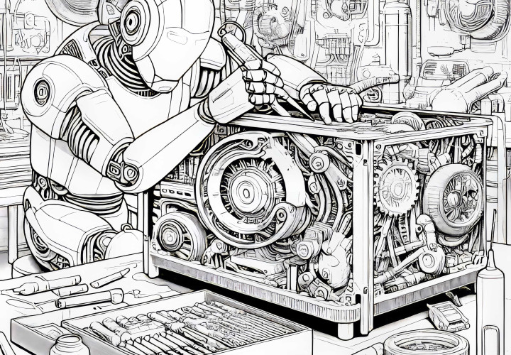 Robot ripara macchina difettosa in officina futuristica: disegno da colorare dettagliato (gratuito) Robot ripara una macchina difettosa in un’officina futuristica: disegno da colorare dettagliato (gratuito)