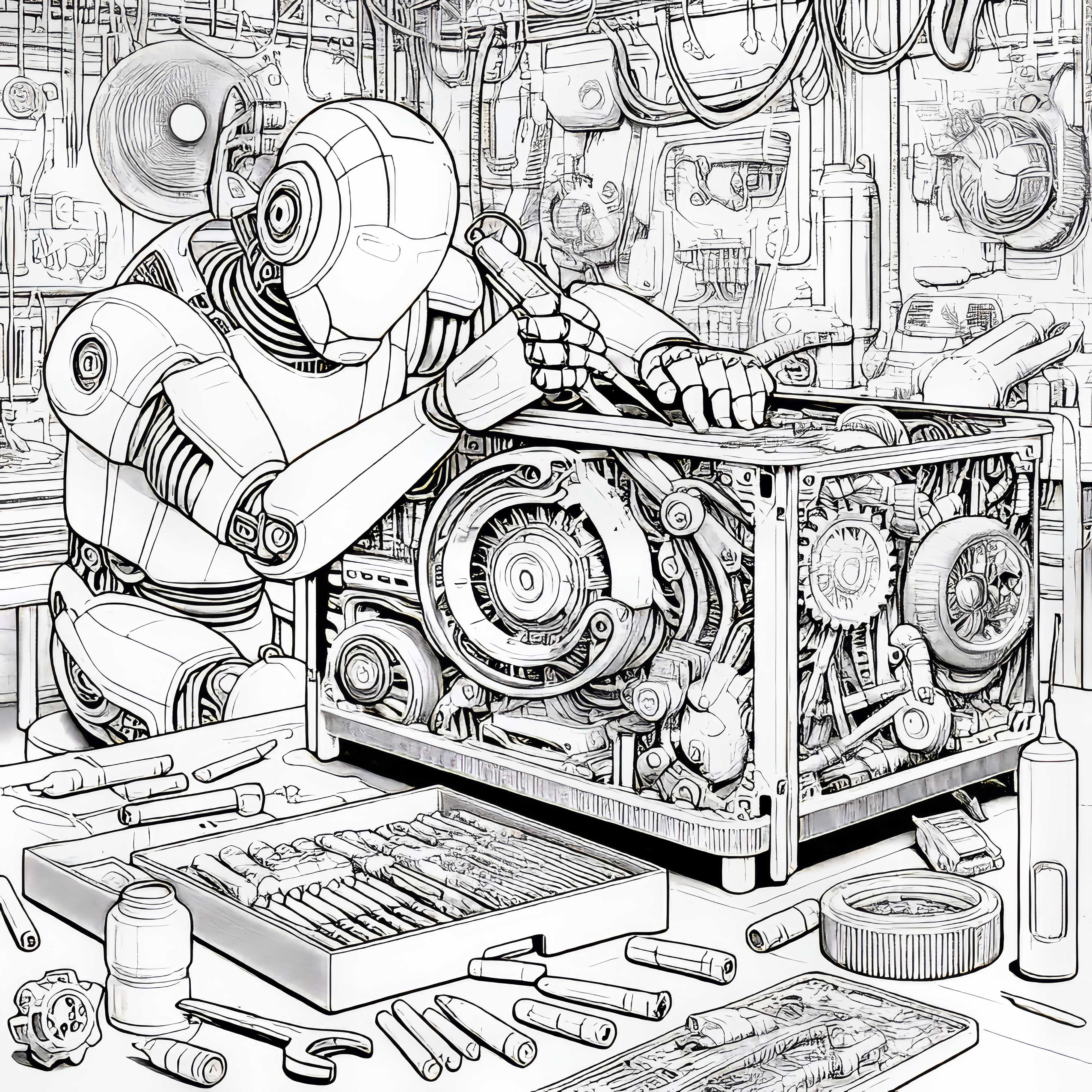Robot ripara una macchina difettosa in un’officina futuristica: disegno da colorare dettagliato (gratuito)