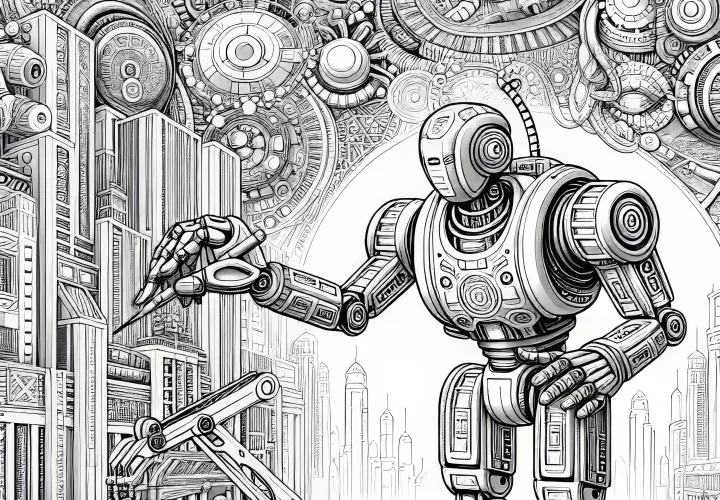 Robot hjälper människor att bygga upp en stad i en sci-fi-värld: färgläggningsbild att ladda ner (gratis)