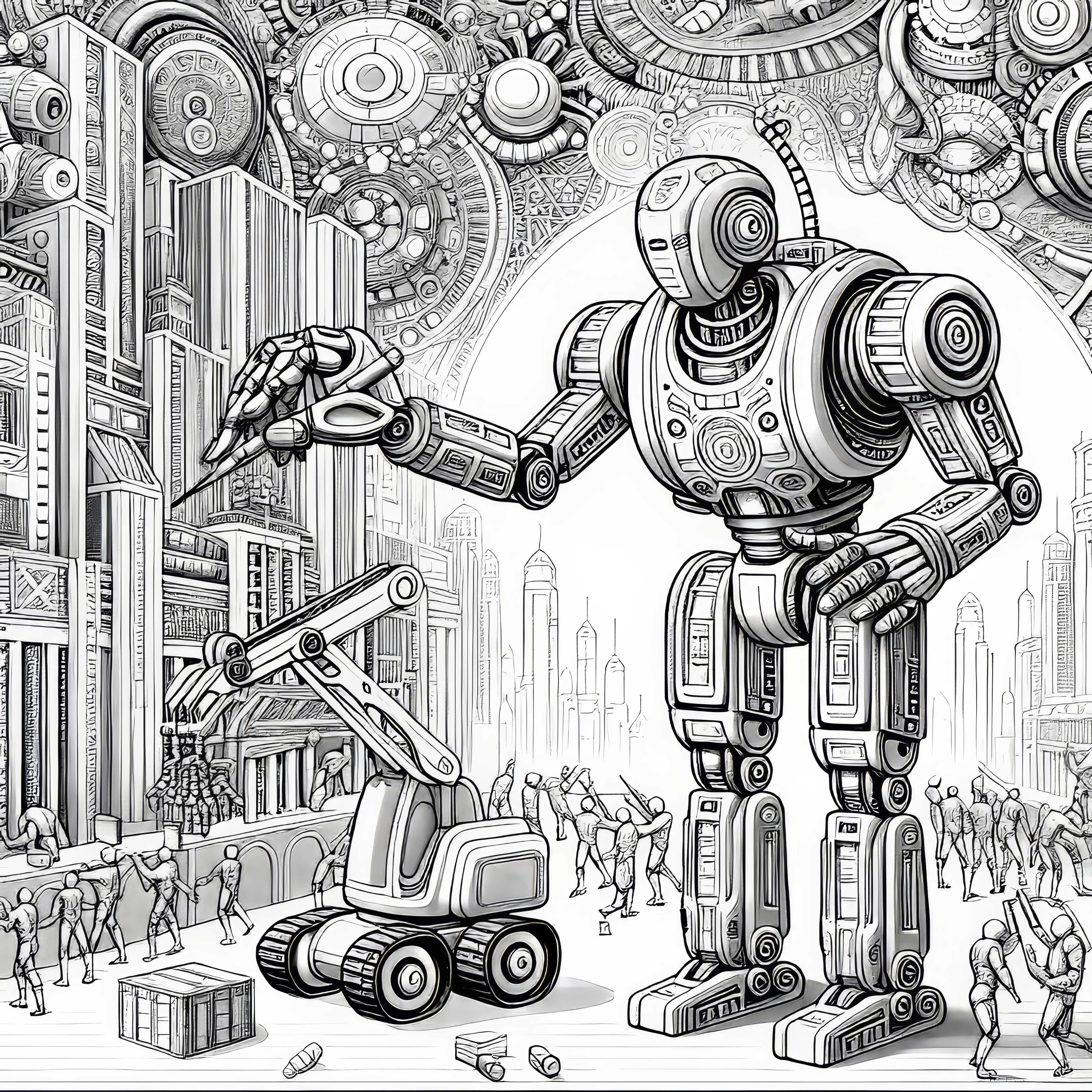 Robotul îi ajută pe oameni să construiască un oraș într-o lume SF: planșă de colorat de descărcat (gratis)