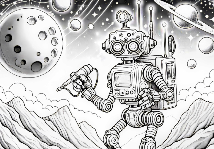 Robot explora un planeta desconocido: imagen para colorear de alta calidad (gratis) Robot explora un planeta desconocido: dibujo para colorear de alta calidad (gratis)