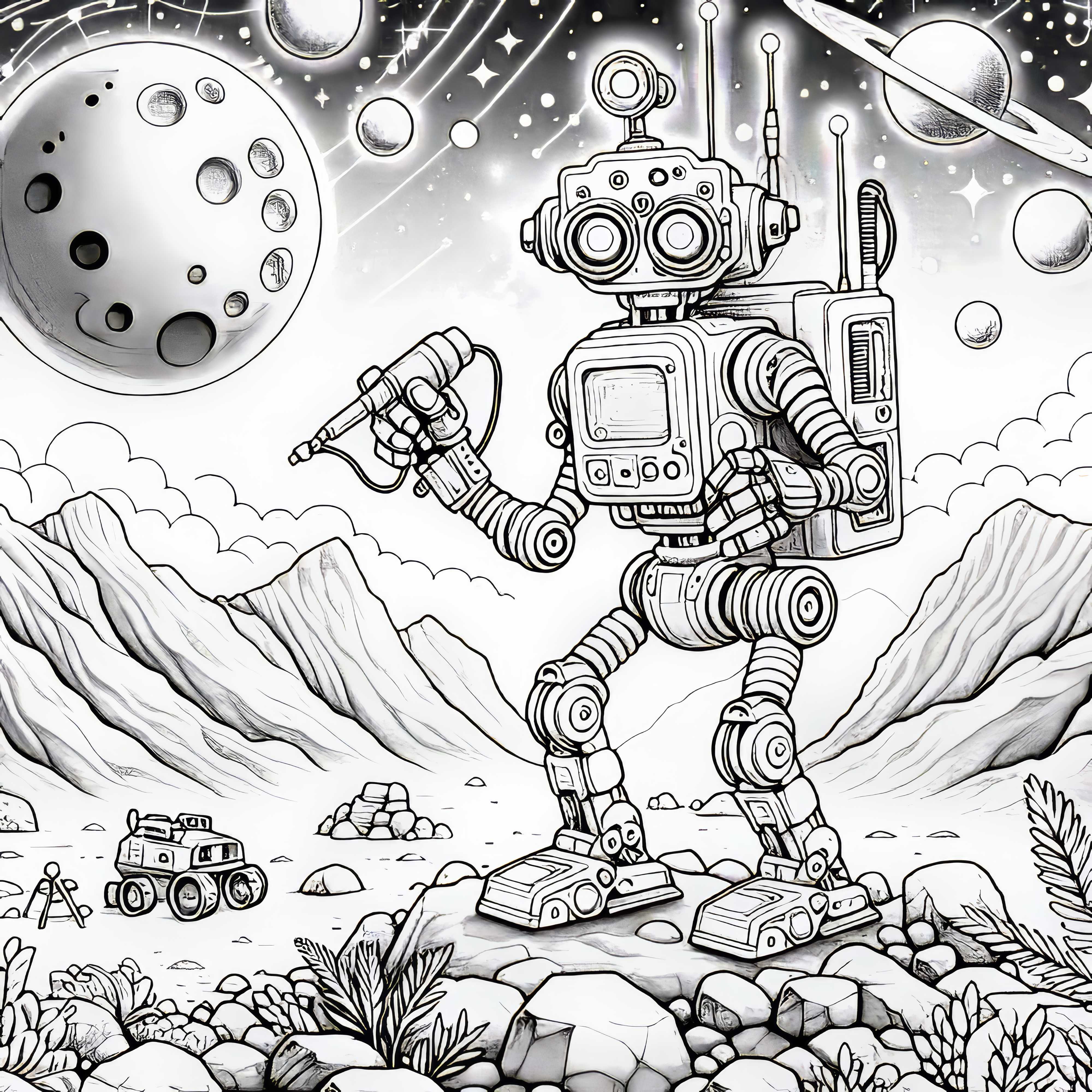 Robot esplora un pianeta alieno: disegno da colorare in alta qualità (gratis)