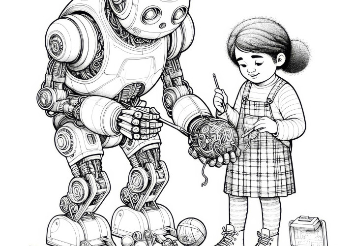 Un robot ayuda a un niño a reparar un juguete defectuoso: dibujo para colorear detallado (Gratis) Un robot ayuda a un niño a reparar un juguete defectuoso: dibujo para colorear detallado (Gratis)
