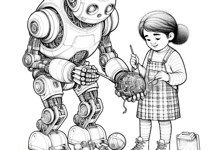 Robot hjälper ett barn att reparera en trasig leksak: Detaljrik målarbild (Gratis)
