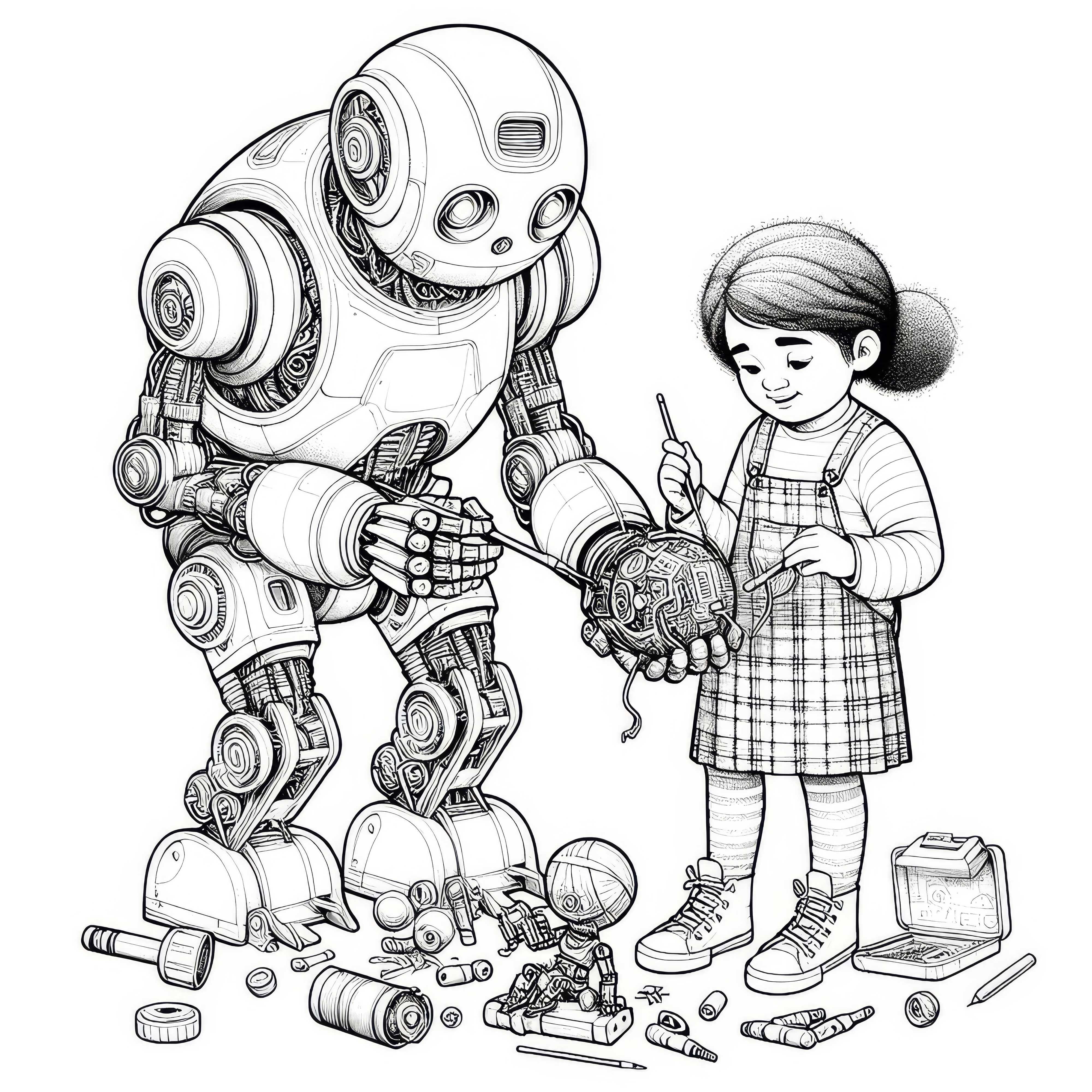 Robot aiuta un bambino a riparare un giocattolo difettoso: disegno da colorare ricco di dettagli (gratuito)