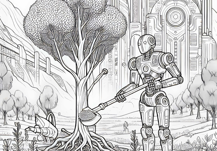 Robot planterar träd i futuristiskt landskap – målarbild för nedladdning (gratis) Robot planterar träd i ett futuristiskt landskap: Målarbild för nedladdning (gratis)