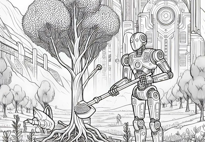 Robot planterar träd i ett futuristiskt landskap: Målarbild för nedladdning (gratis)