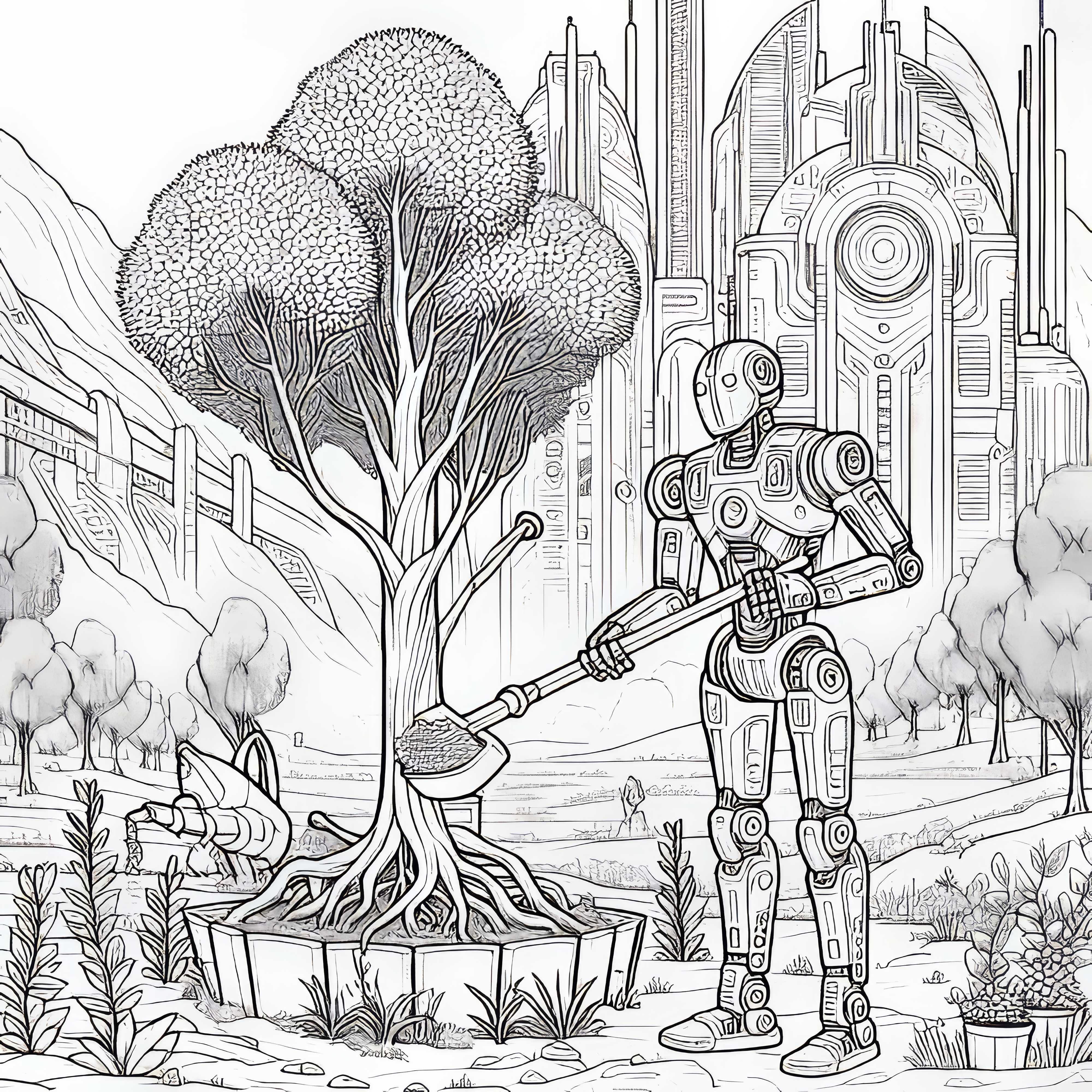 Robot pianta alberi in un paesaggio futuristico: disegno da colorare da scaricare (gratis)