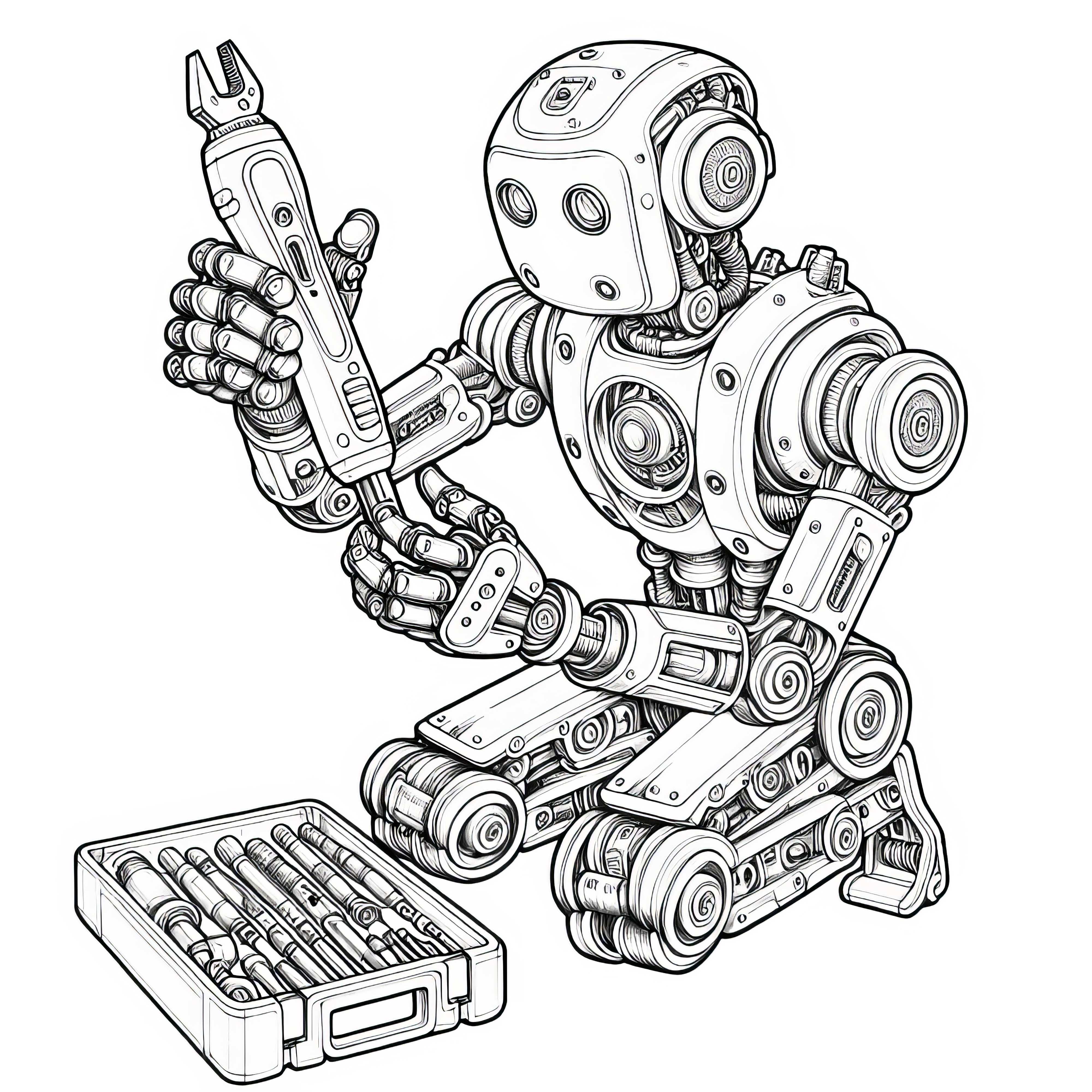 Robotul se repară singur cu un multitool: planșă de colorat detaliată (gratis)