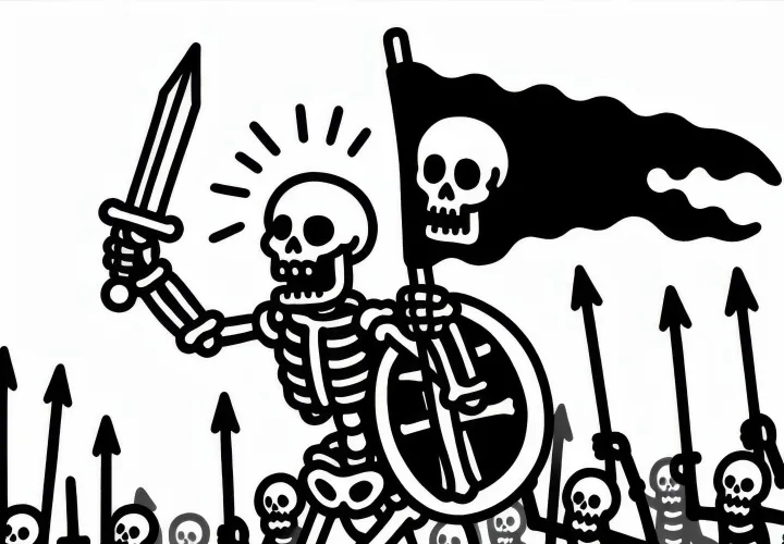 Skelet marcheert met een leger over een slagveld: eenvoudige kleurplaat (gratis)