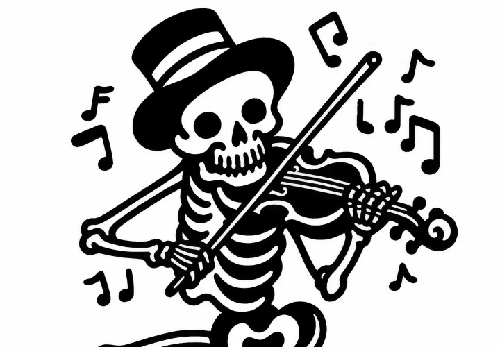 Skelet speelt een griezelige wals op een oude viool: gratis kleurplaat