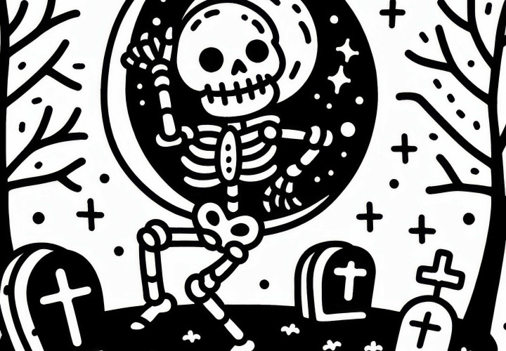 Skelett tanzt auf Friedhof bei Vollmond: Einfache Malvorlage (Gratis) Skelett tanzt auf Friedhof bei Vollmond: Einfache Malvorlage (Gratis)