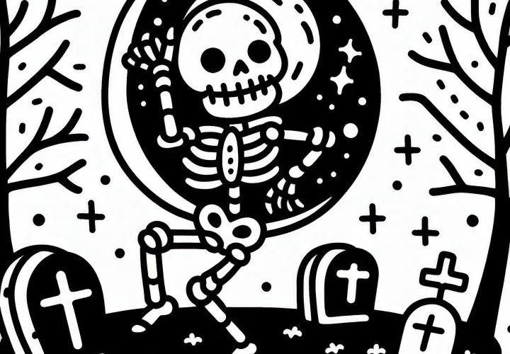 Skelet danst op begraafplaats bij volle maan: gratis eenvoudige kleurplaat