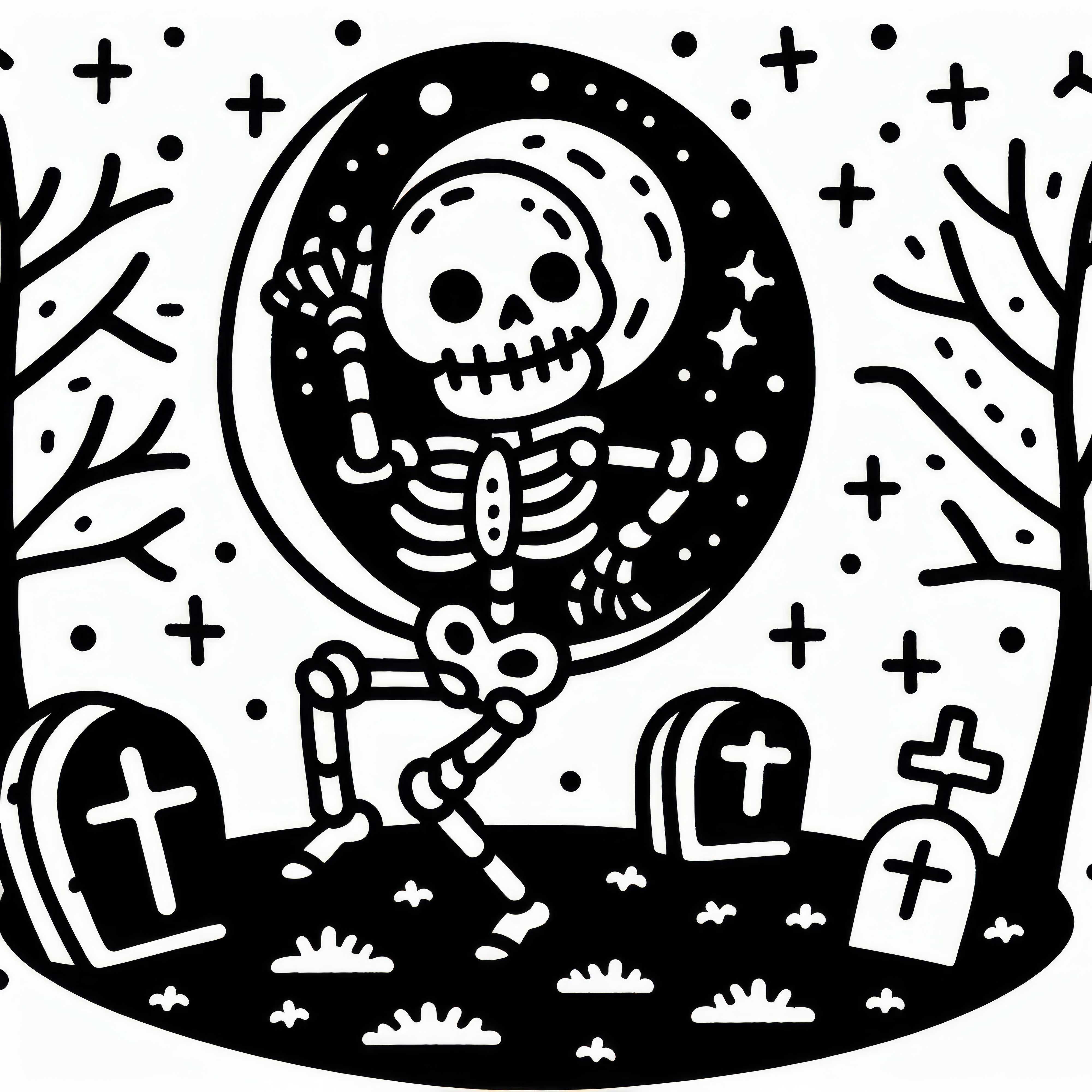 Skelett tanzt auf Friedhof bei Vollmond: Einfache Malvorlage (Gratis)