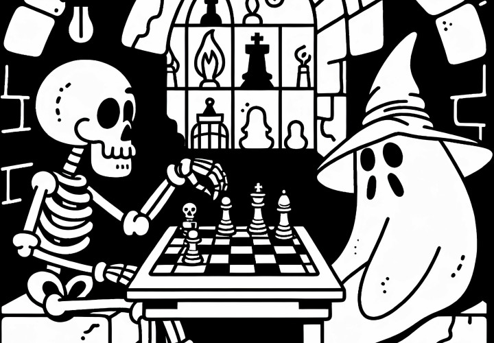Skelett spielt Schach mit Geist in dunkler Gruft: Kostenlose Malvorlage Skelett spielt Schach mit Geist in dunkler Gruft: Kostenlose Malvorlage