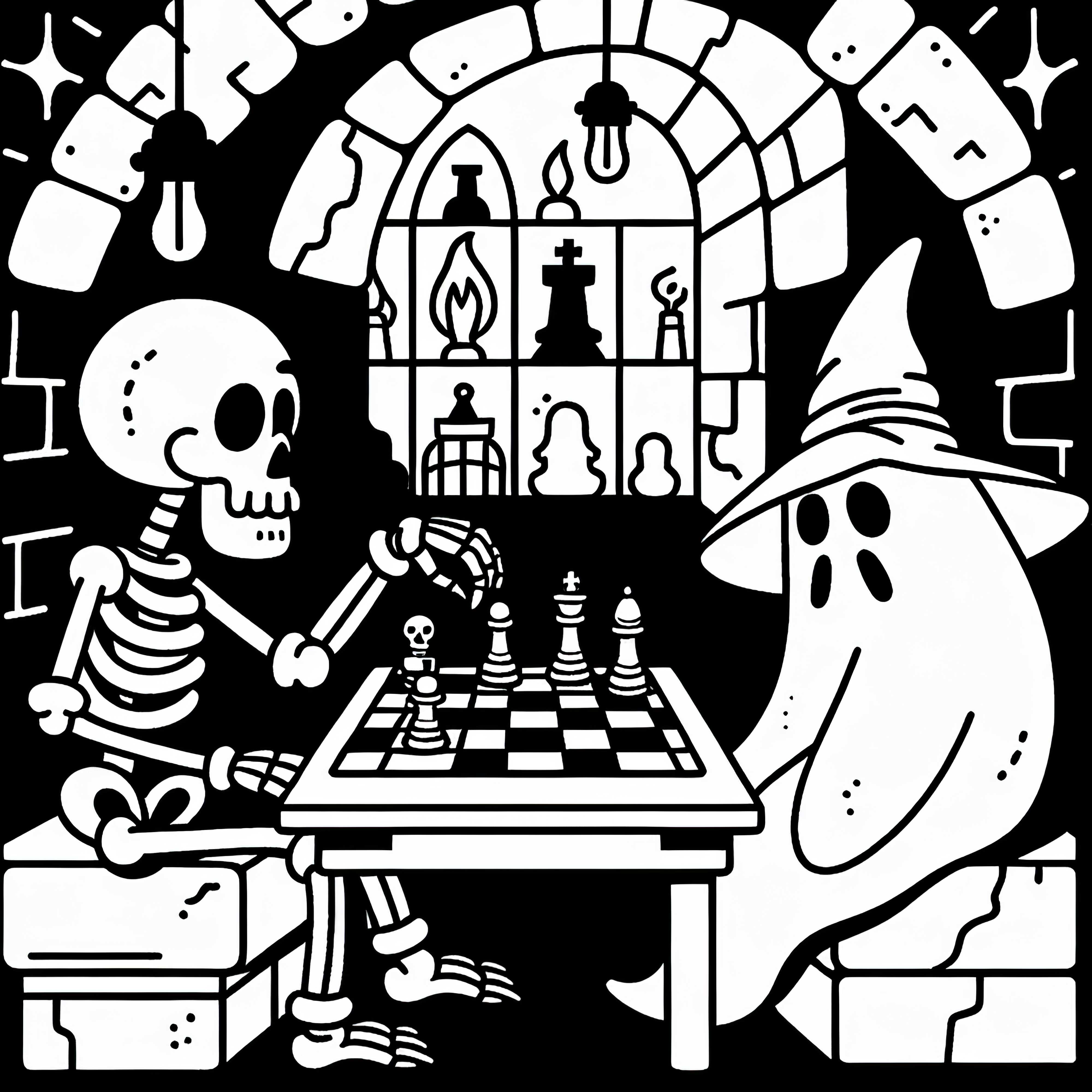 Skelett spielt Schach mit Geist in dunkler Gruft: Kostenlose Malvorlage