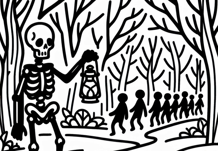 Skelett hält Laterne und führt Gruppe durch düsteren Wald: Gratis Malvorlage Skelett hält Laterne und führt Gruppe durch düsteren Wald: Gratis Malvorlage