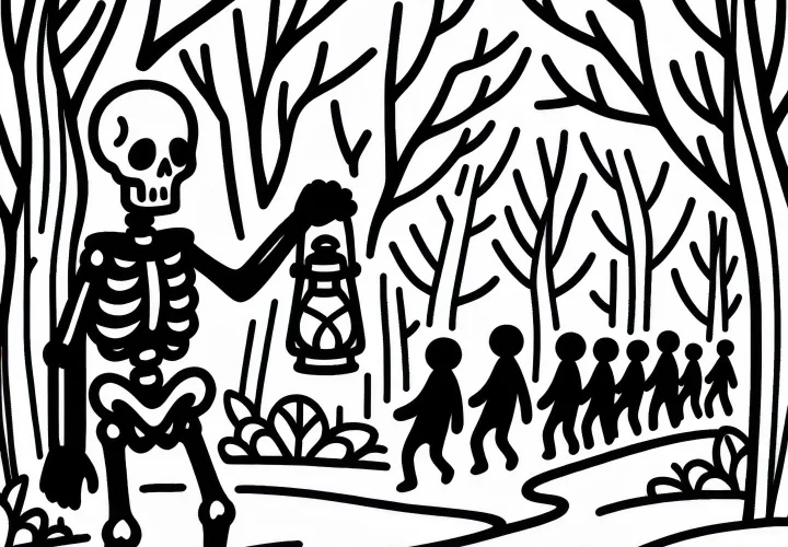 Skelet houdt lantaarn vast en leidt een groep door een duister bos: gratis kleurplaat