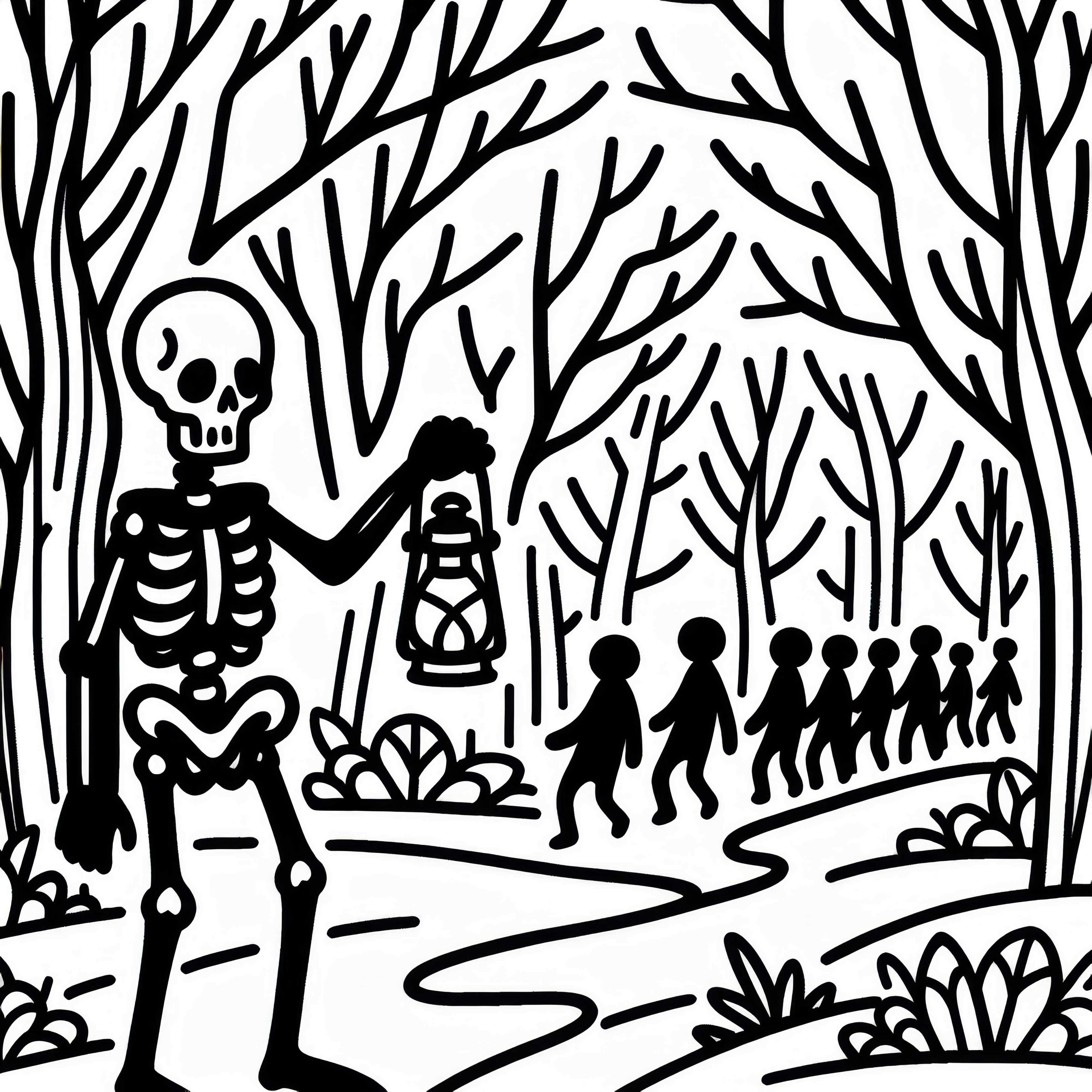 Skelett hält Laterne und führt Gruppe durch düsteren Wald: Gratis Malvorlage