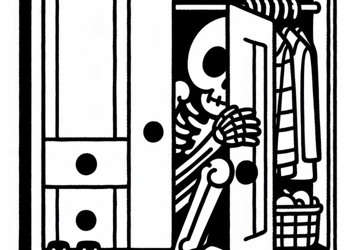 Ein Skelett versteckt sich im Schrank vor Eindringlingen: Kostenloses Ausmalbild Ein Skelett versteckt sich im Schrank vor Eindringlingen: Kostenloses Ausmalbild