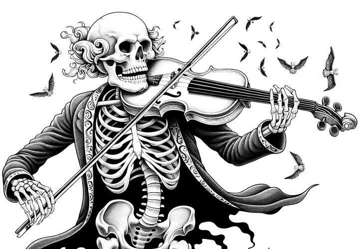 Skelett spielt unheimlichen Walzer auf alter Geige: Ausmalbild zum Download (Kostenlos) Skelett spielt unheimlichen Walzer auf alter Geige: Ausmalbild zum Download (Kostenlos)