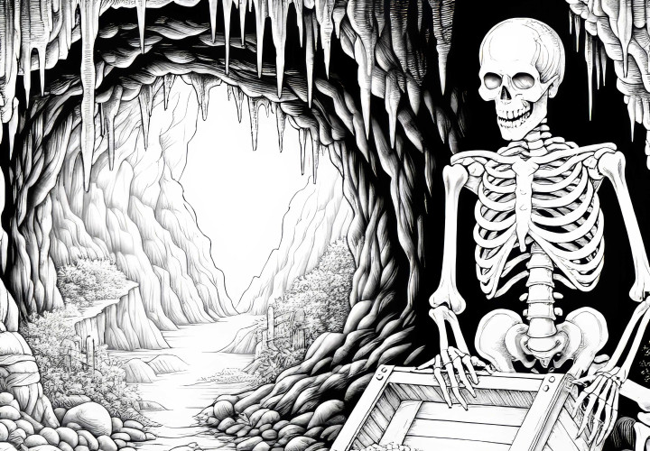 Skelett bewacht Schatztruhe in düsterer Höhle: Malvorlage zum Download (Gratis) Skelett bewacht Schatztruhe in düsterer Höhle: Malvorlage zum Download (Gratis)
