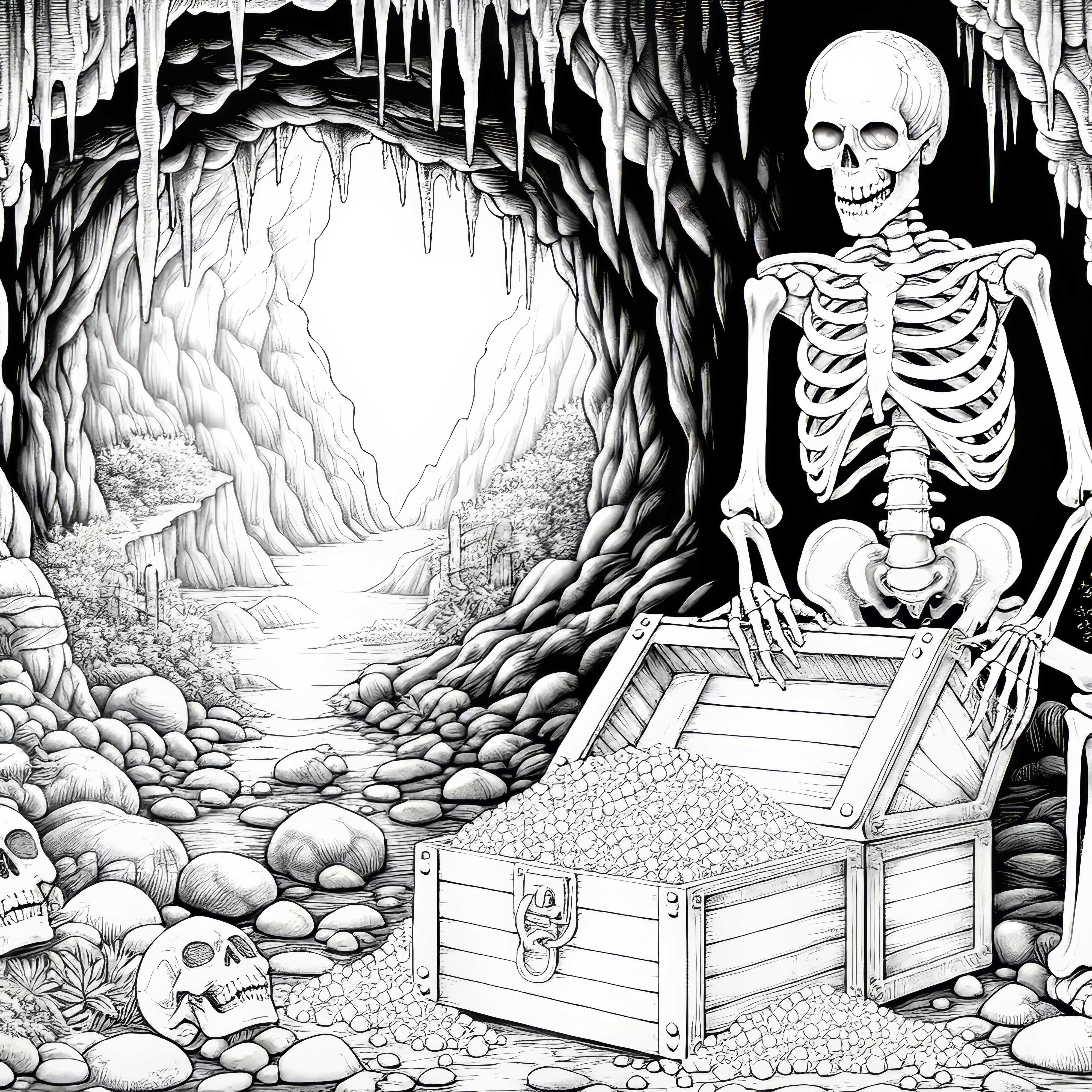 Skelett bewacht Schatztruhe in düsterer Höhle: Malvorlage zum Download (Gratis)
