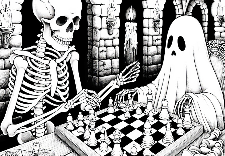Skelett spielt Schach mit Geist in dunkler Gruft: Malvorlage zum Herunterladen (Gratis) Skelett spielt Schach mit Geist in dunkler Gruft: Malvorlage zum Herunterladen (Gratis)