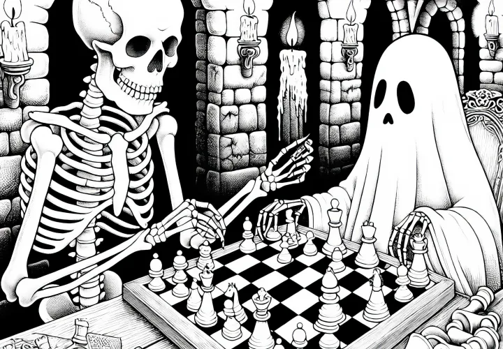 Skelet speelt schaken met een geest in een donkere grafkelder: gratis kleurplaat om te downloaden