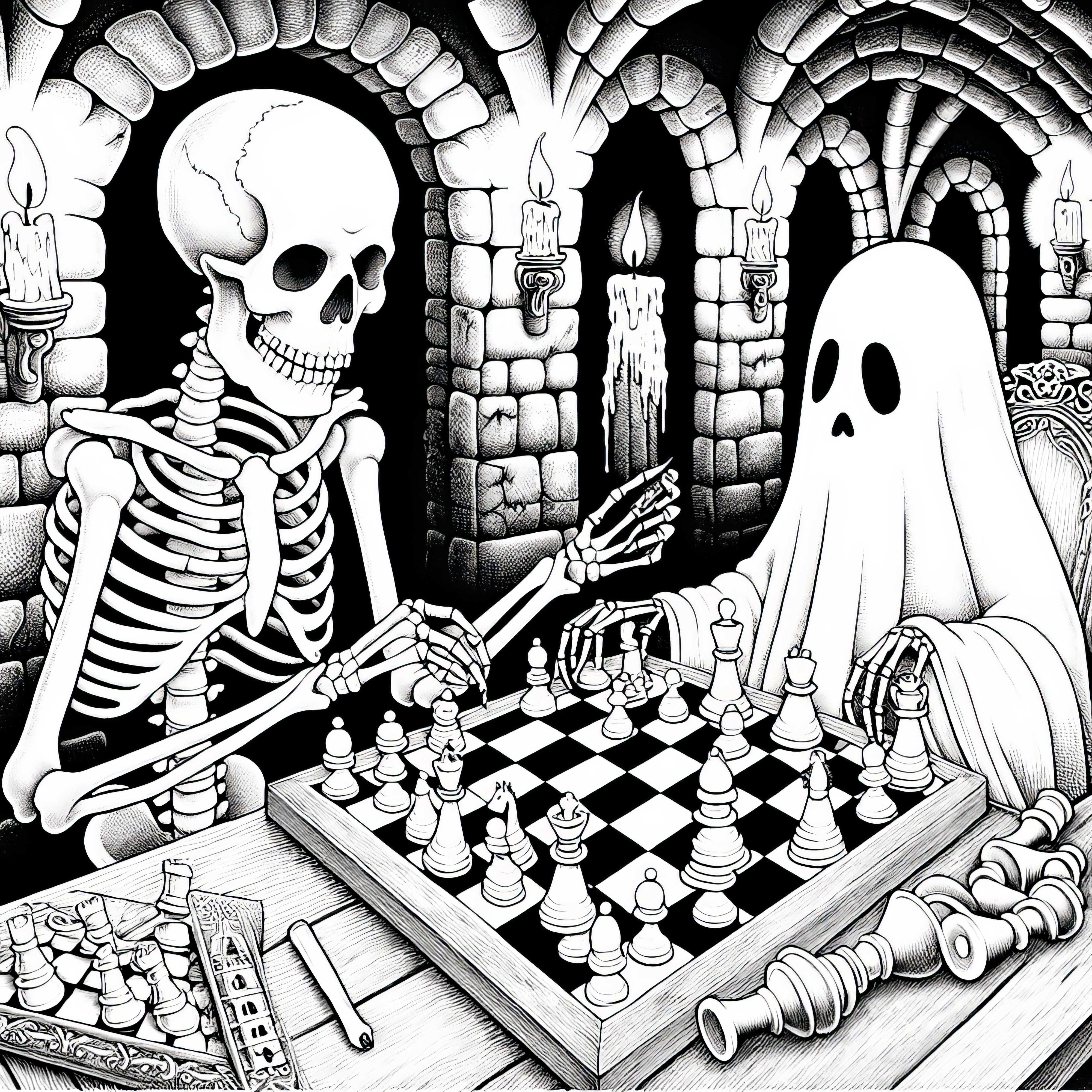 Skelett spielt Schach mit Geist in dunkler Gruft: Malvorlage zum Herunterladen (Gratis)