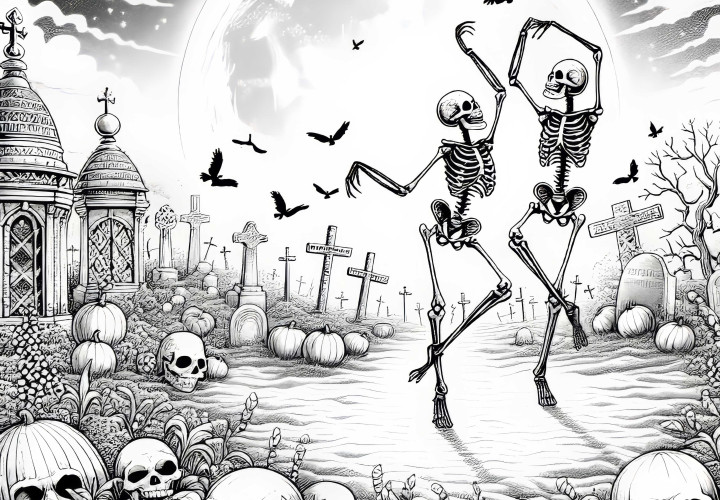 Skelette tanzen auf Friedhof bei Vollmond: Ausmalbild zum Download (Gratis) Skelette tanzen auf Friedhof bei Vollmond: Ausmalbild zum Download (Gratis)