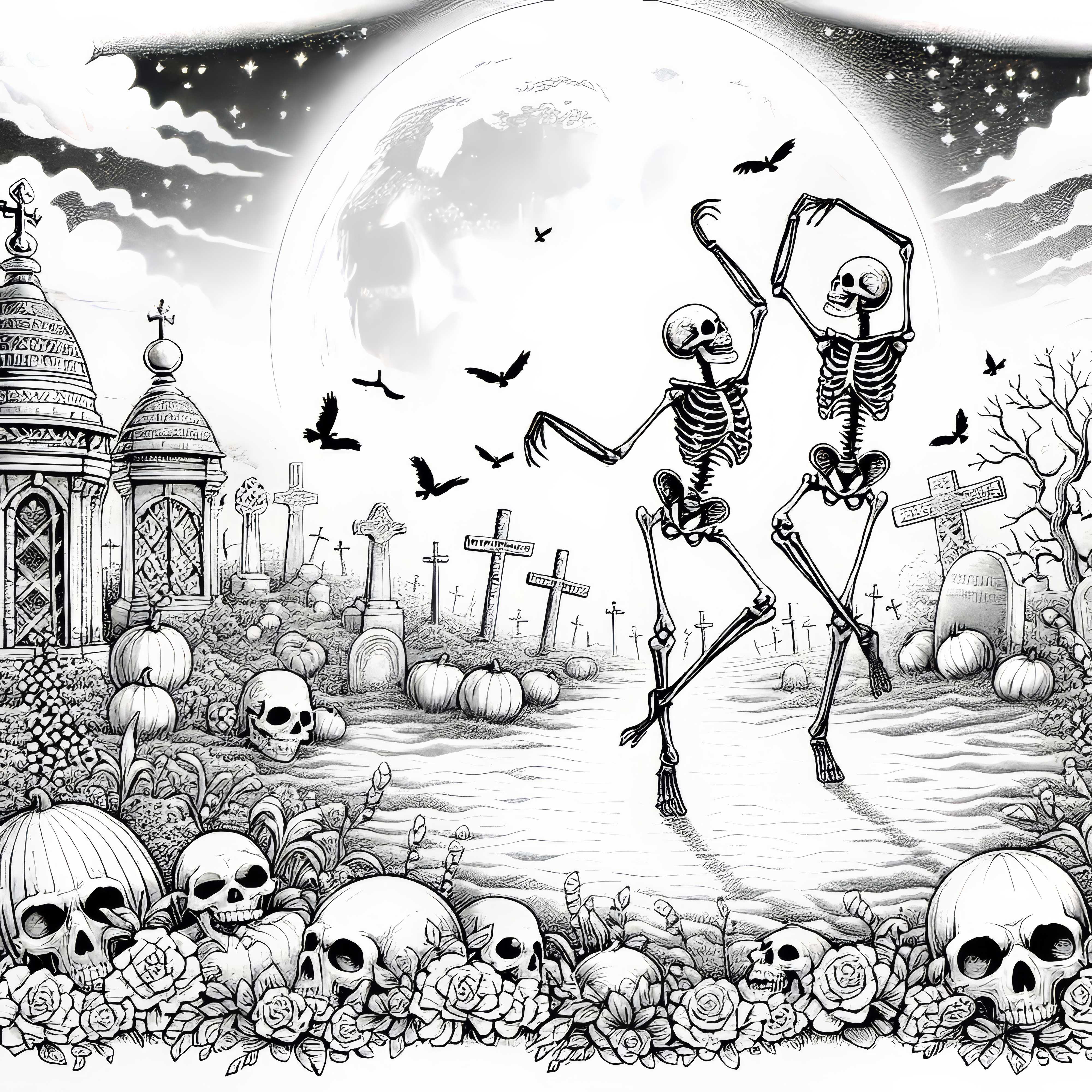 Skelette tanzen auf Friedhof bei Vollmond: Ausmalbild zum Download (Gratis)