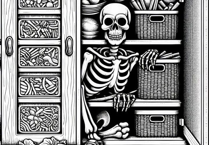 Skelet verstopt zich in een kast voor indringers: gratis kleurplaat om te downloaden