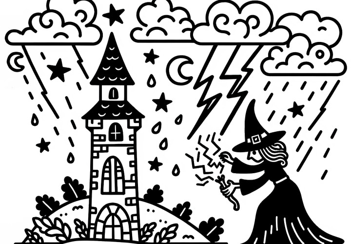 Hexe beschwört Sturm mit Blitzen: Einfaches Ausmalbild (Kostenlos) Hexe beschwört Sturm mit Blitzen: Einfaches Ausmalbild (Kostenlos)