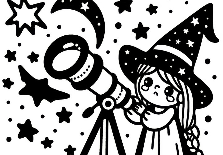 Eine Hexe beobachtet Sterne mit einem magischen Teleskop: Malvorlage zum Download (Kostenlos)