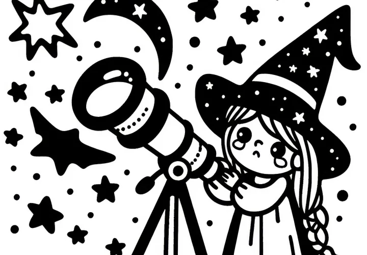 Eine Hexe beobachtet Sterne mit einem magischen Teleskop: Malvorlage zum Download (Kostenlos)