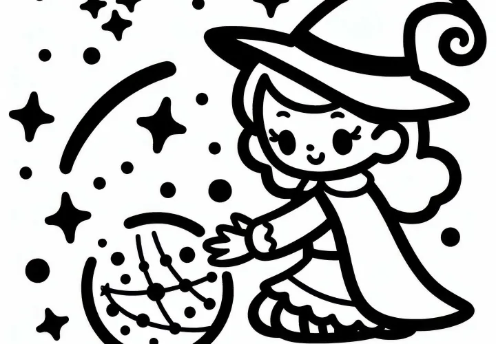 Hexe zaubert mit magischer Kugel: Einfache Malvorlage (Gratis)