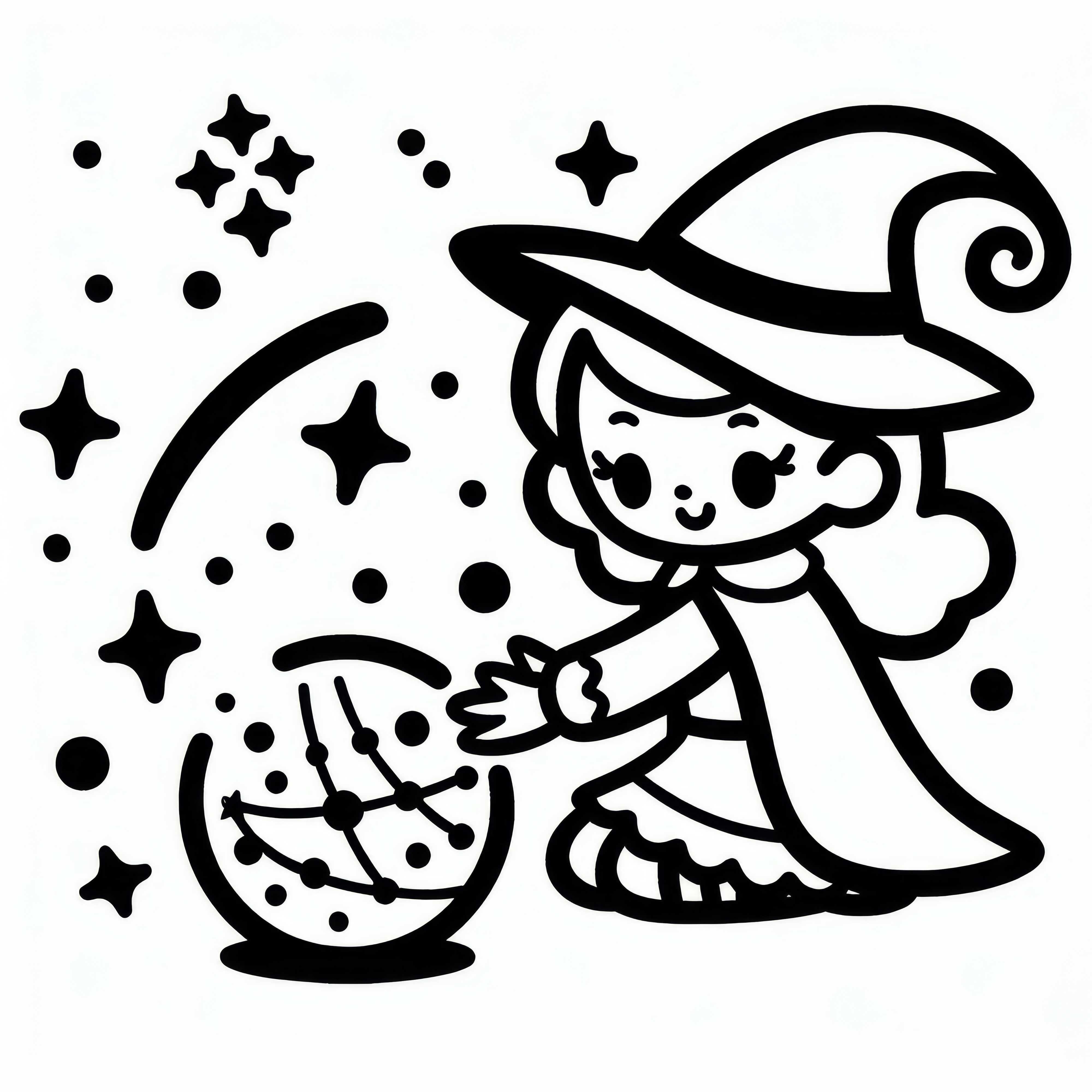 Hexe zaubert mit magischer Kugel: Einfache Malvorlage (Gratis)