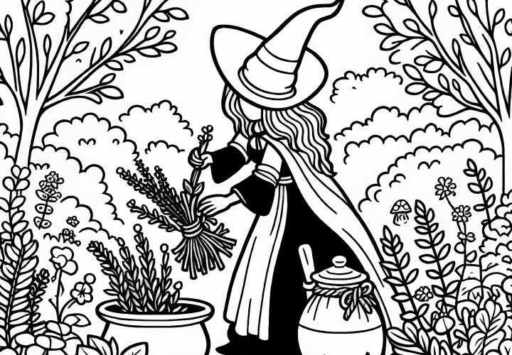 Hexe pflückt Kräuter in verwunschenem Garten: Ausmalbild zum Download (Kostenlos)