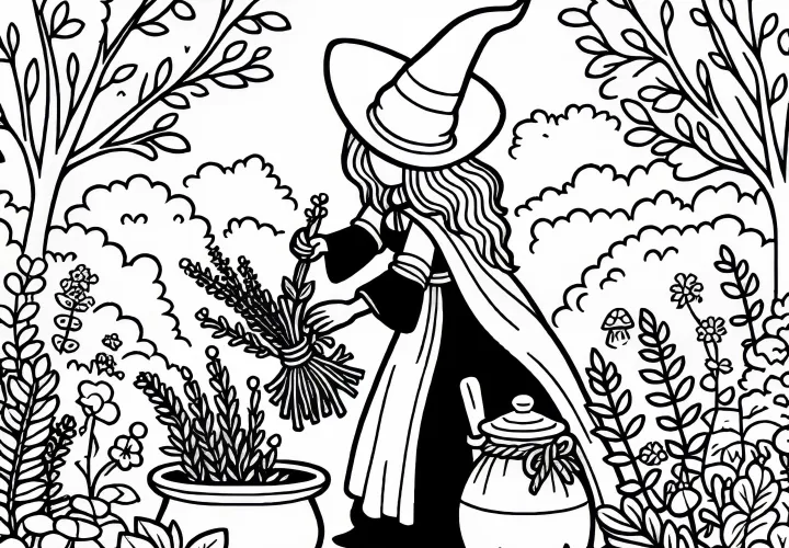 Hexe pflückt Kräuter in verwunschenem Garten: Ausmalbild zum Download (Kostenlos)