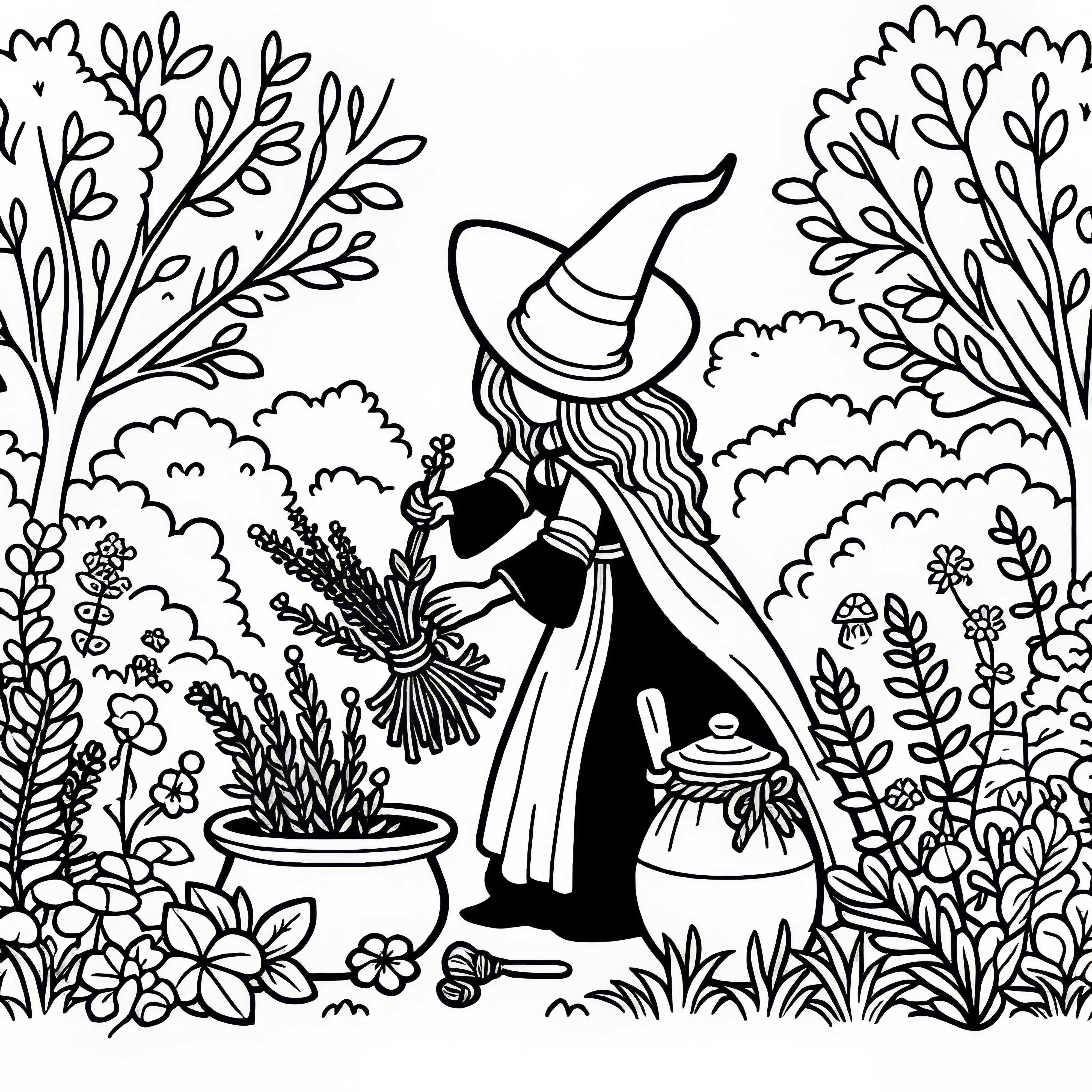 Hexe pflückt Kräuter in verwunschenem Garten: Ausmalbild zum Download (Kostenlos)