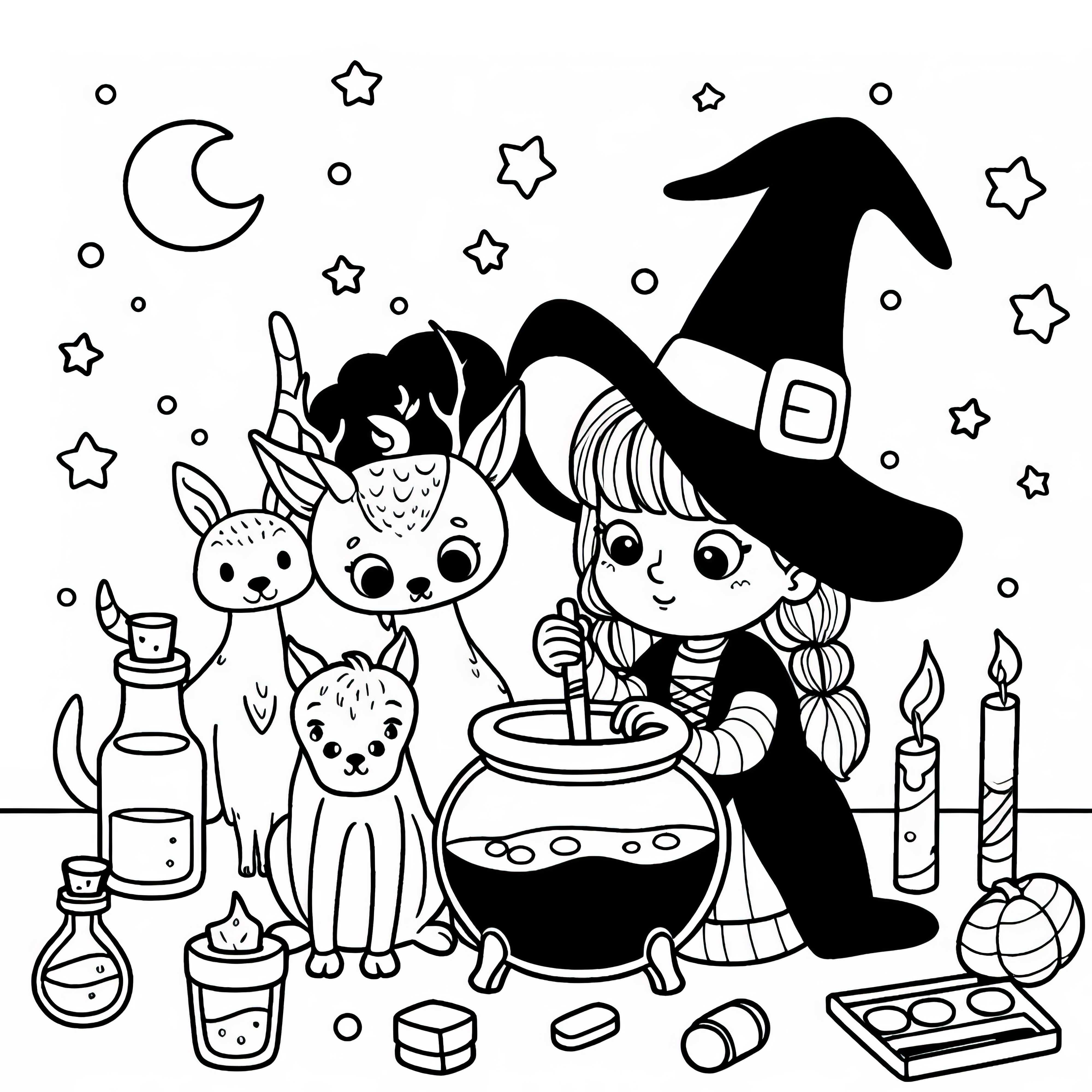Hexe kocht einen Trank mit magischen Tieren und Kreaturen: Gratis Ausmalbild