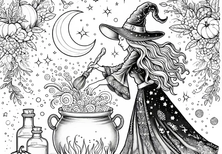 Hexe braut Zaubertrank im großen Kessel: Ausmalbild zum Herunterladen (Gratis)