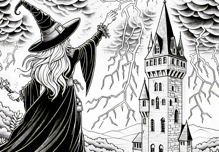 Hexe zaubert Blitze und Sturm über hohen Turm: Detailreiche Malvorlage (Gratis)