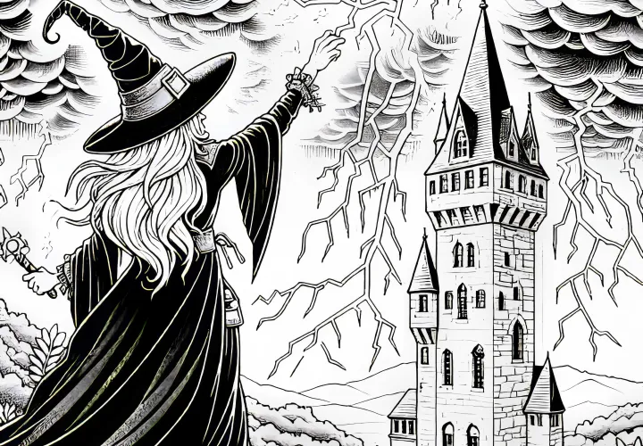 Hexe zaubert Blitze und Sturm über hohen Turm: Detailreiche Malvorlage (Gratis)