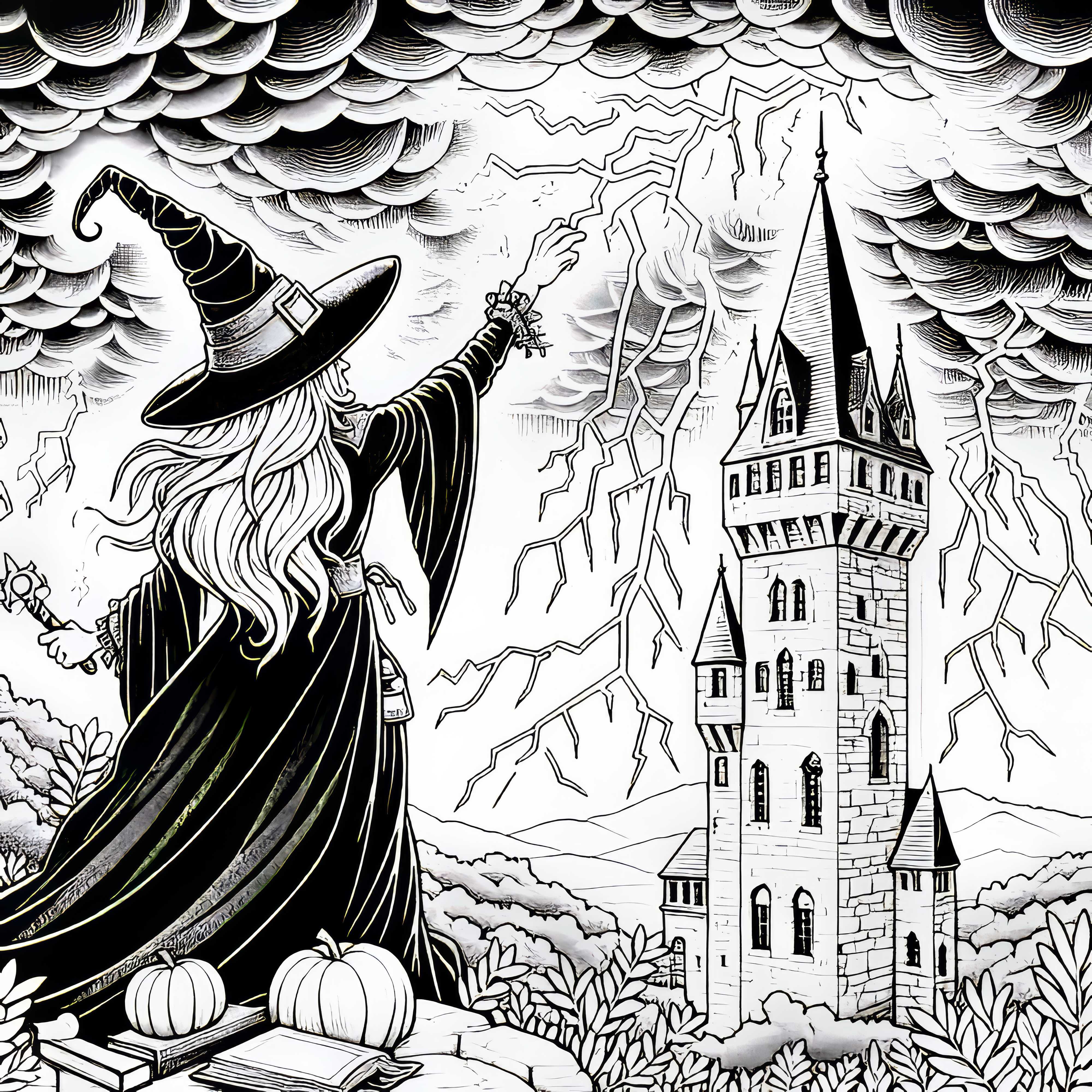 Hexe zaubert Blitze und Sturm über hohen Turm: Detailreiche Malvorlage (Gratis)